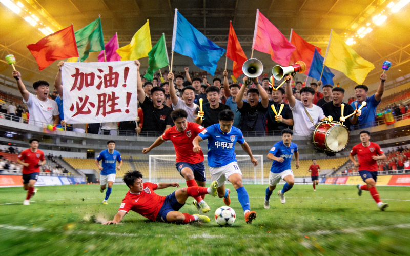 中甲联赛比赛现场，球迷热情助威，球员激烈争抢